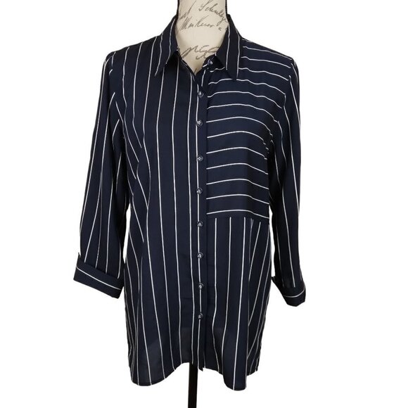 Multiples | Navy Pin Stripe Button Down Shirt | Size S - Picture 1 of 8
